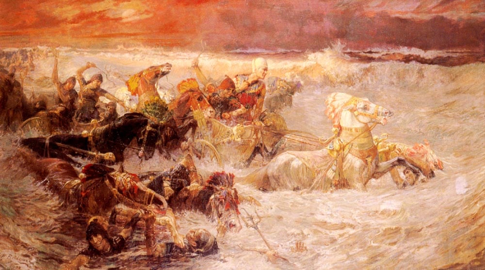 frederick arthur bridgman « l'armée de pharaon engloutie par la mer rouge » peinture à l'huile 1900.